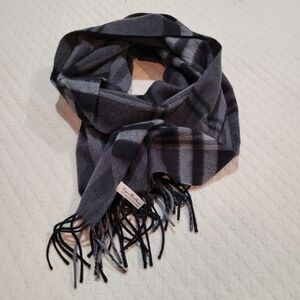 Enya Montarani Plaid Scarf 64x12 Gray Black Fringe Wool Cashmere Neutral Classic